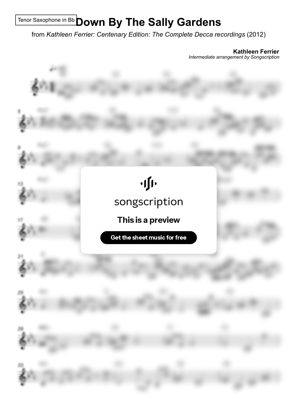 Intermediate Tenor Sax Sheet Music for "Down By The Sally Gardens" by Kathleen Ferrier