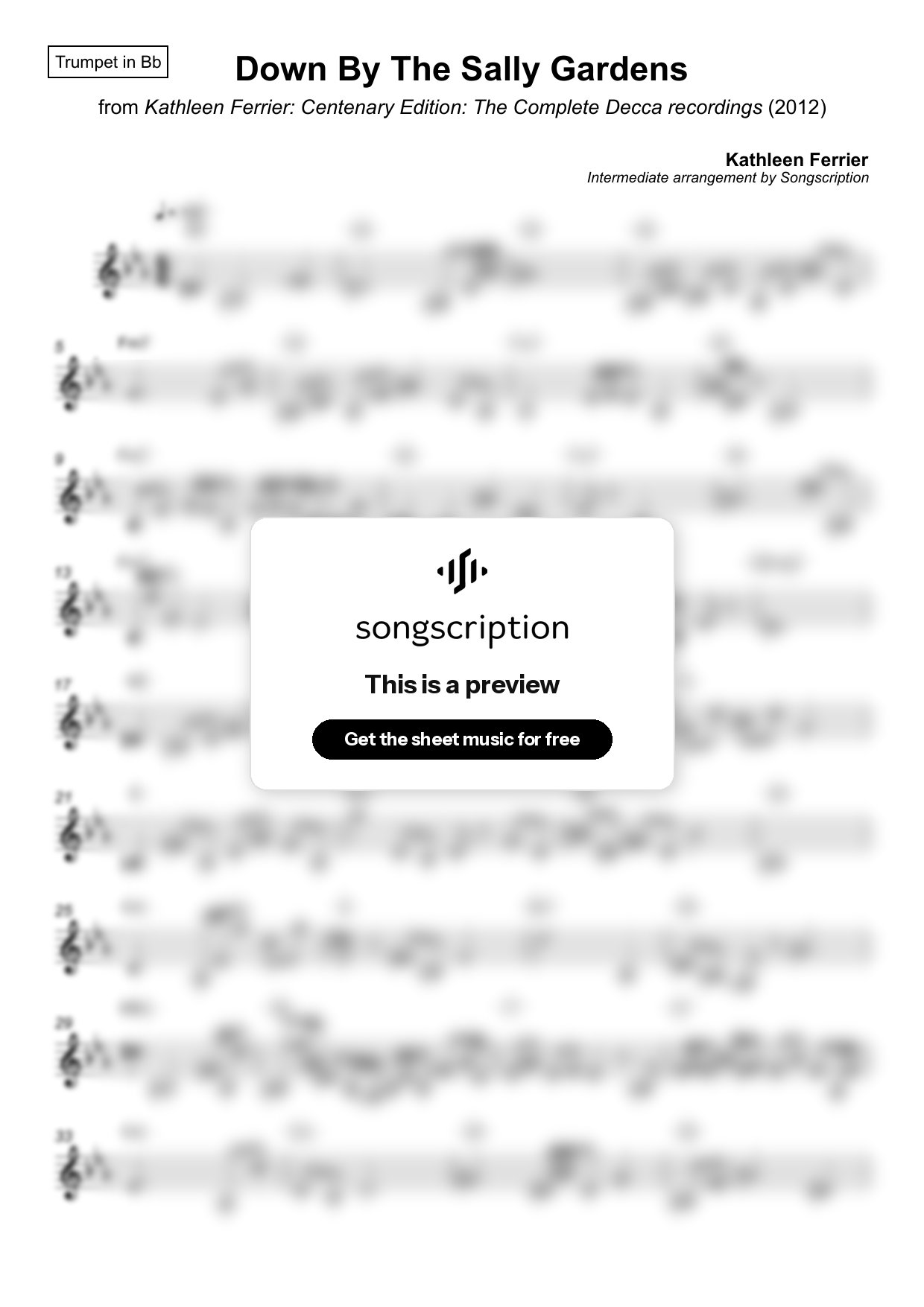Intermediate Trumpet Sheet Music for "Down By The Sally Gardens" by Kathleen Ferrier