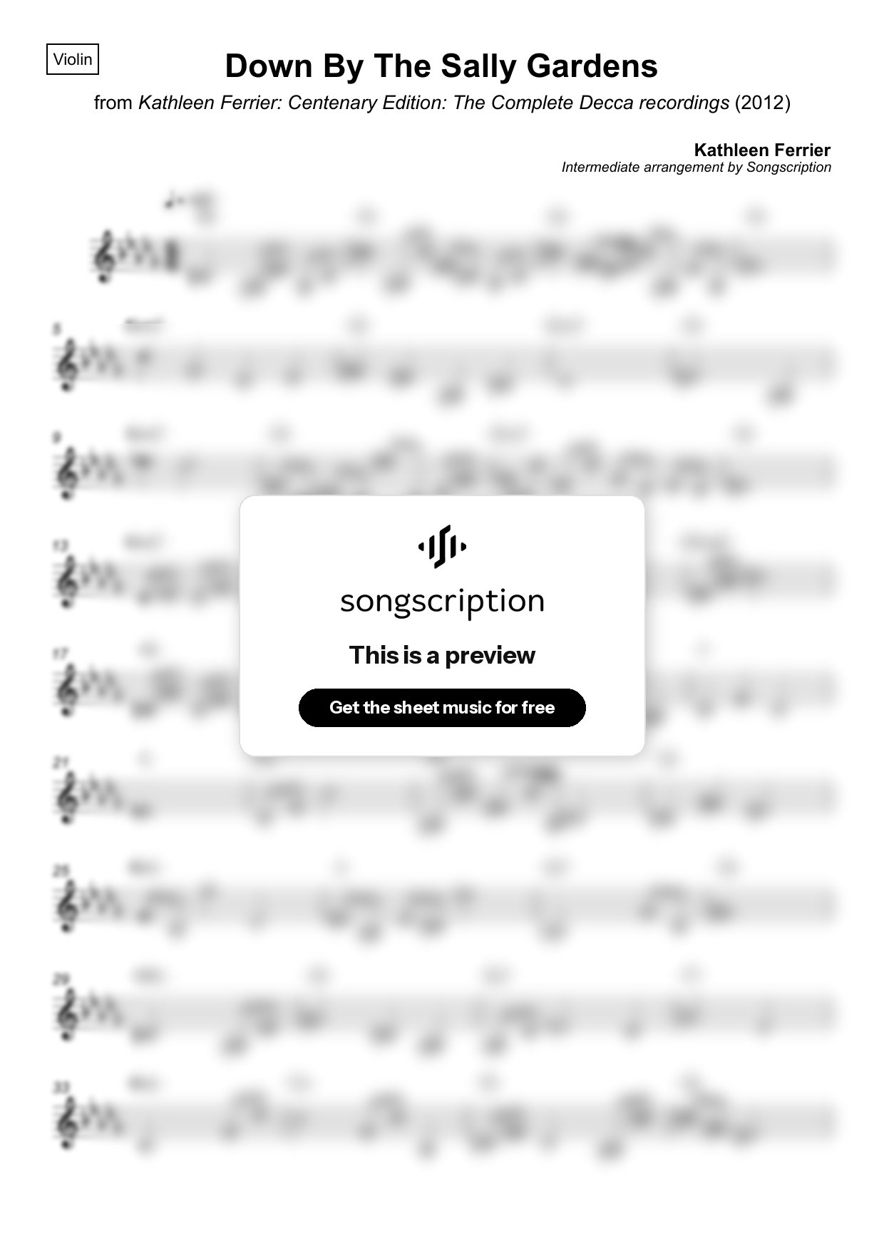 Intermediate Violin Sheet Music for "Down By The Sally Gardens" by Kathleen Ferrier