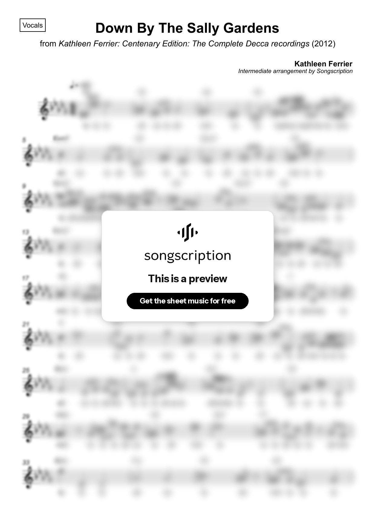 Intermediate Vocals Sheet Music for "Down By The Sally Gardens" by Kathleen Ferrier