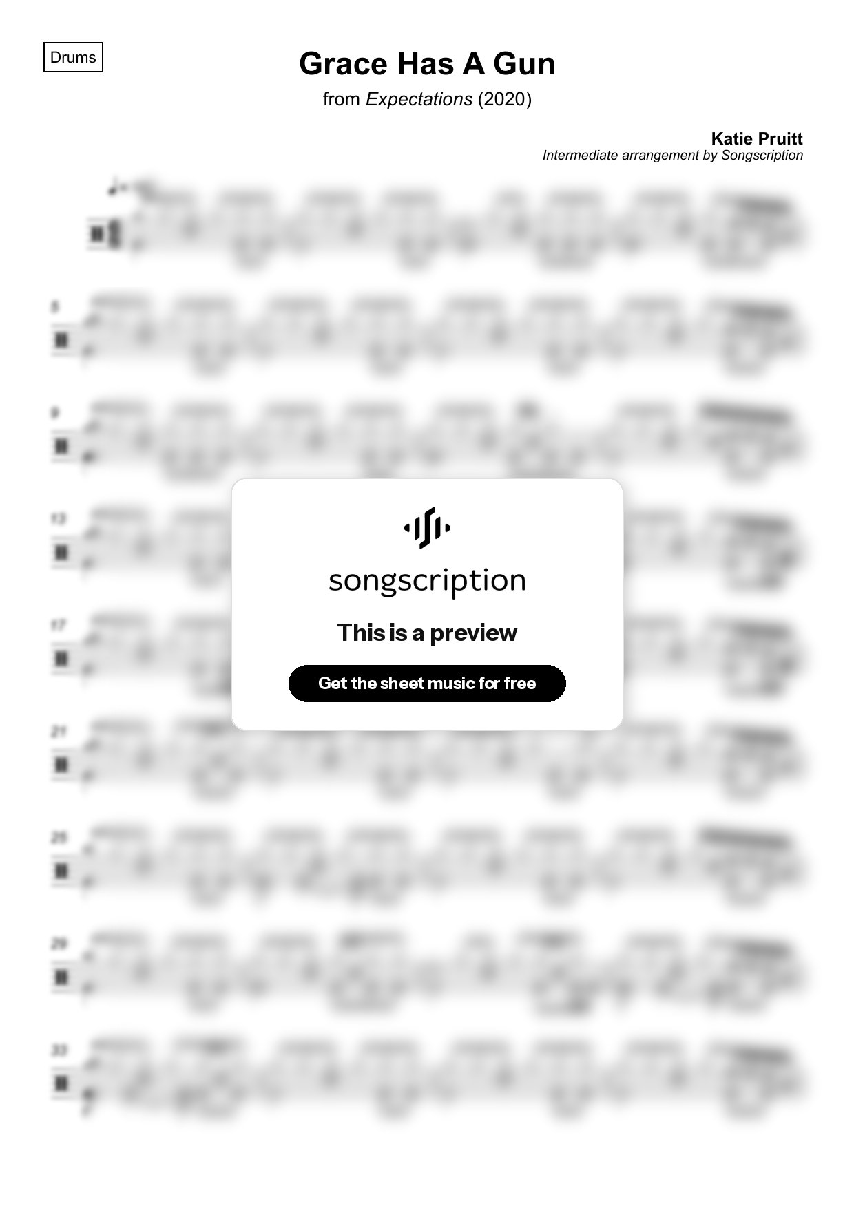 Intermediate Drums Sheet Music for "Grace Has A Gun" by Katie Pruitt