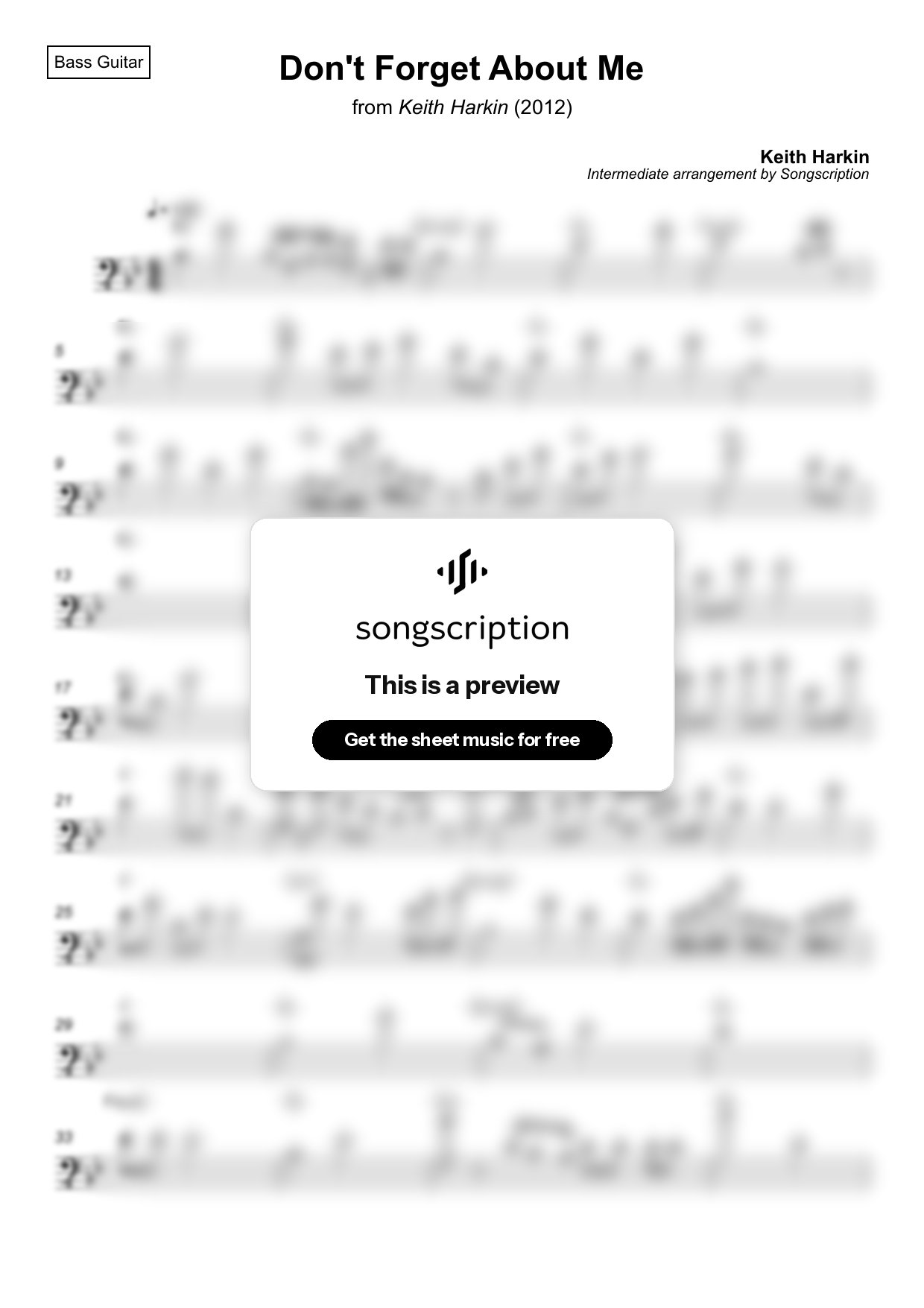 Intermediate Bass Guitar Sheet Music for "Don't Forget About Me" by Keith Harkin