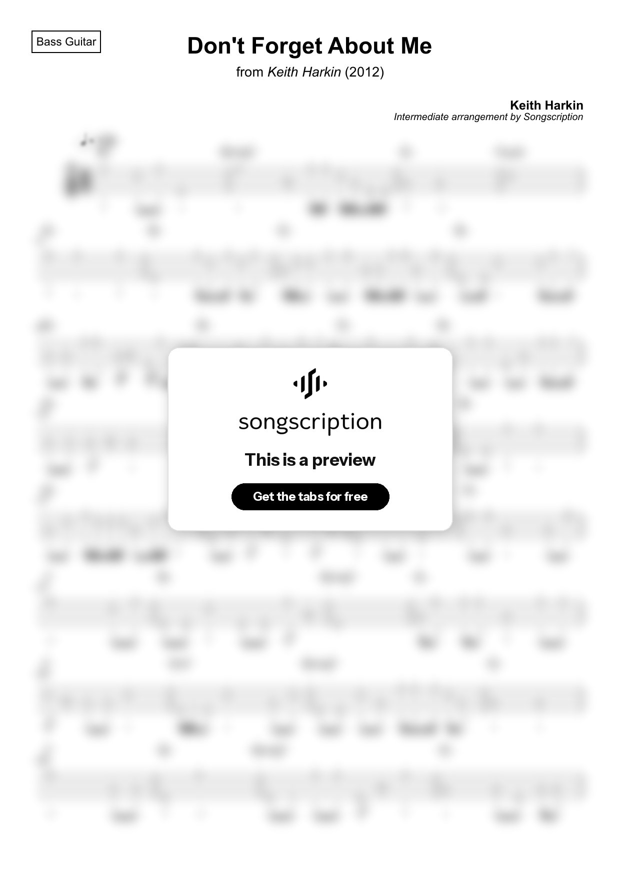 Intermediate Bass Guitar Tabs for "Don't Forget About Me" by Keith Harkin