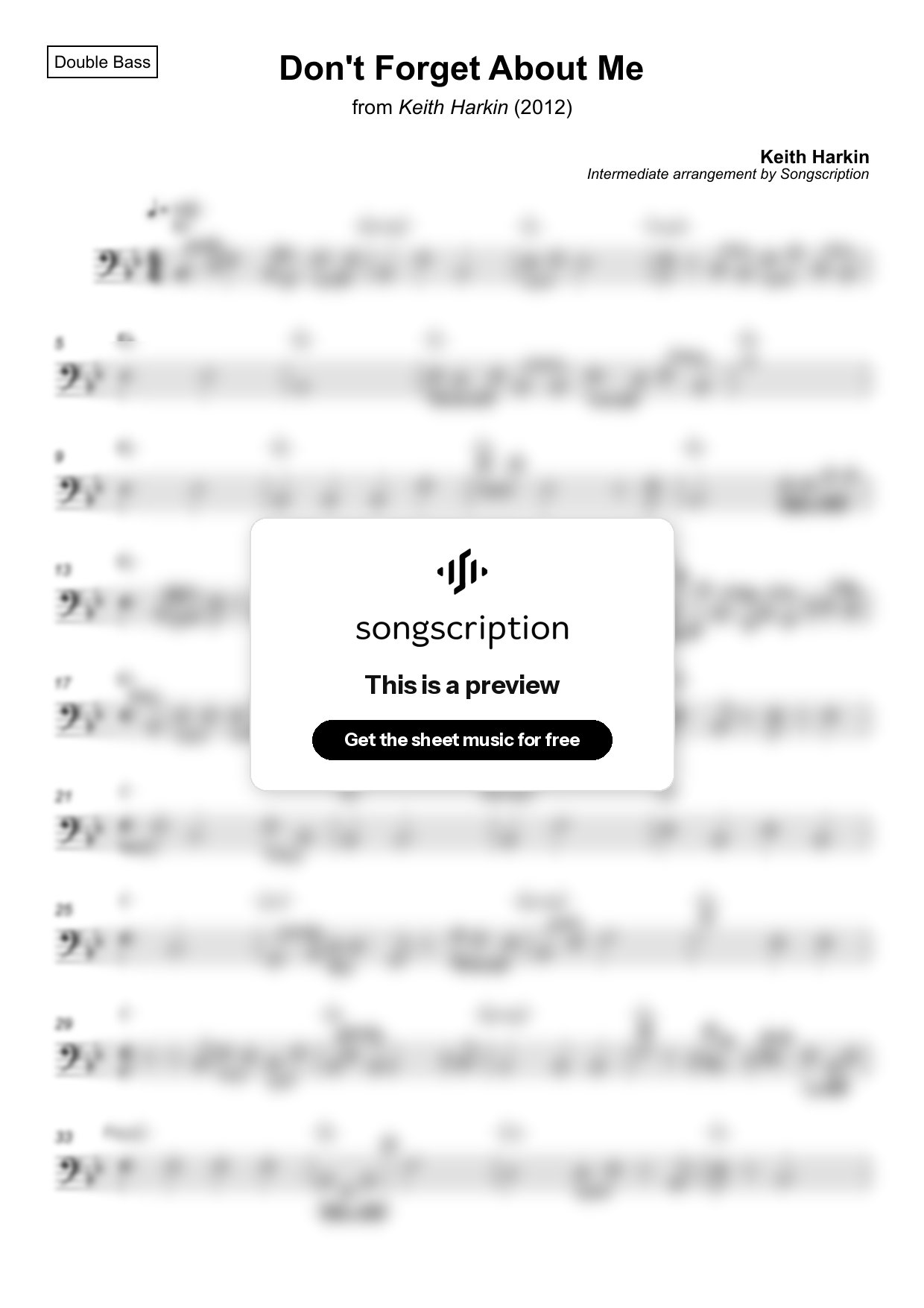 Intermediate Double Bass Sheet Music for "Don't Forget About Me" by Keith Harkin