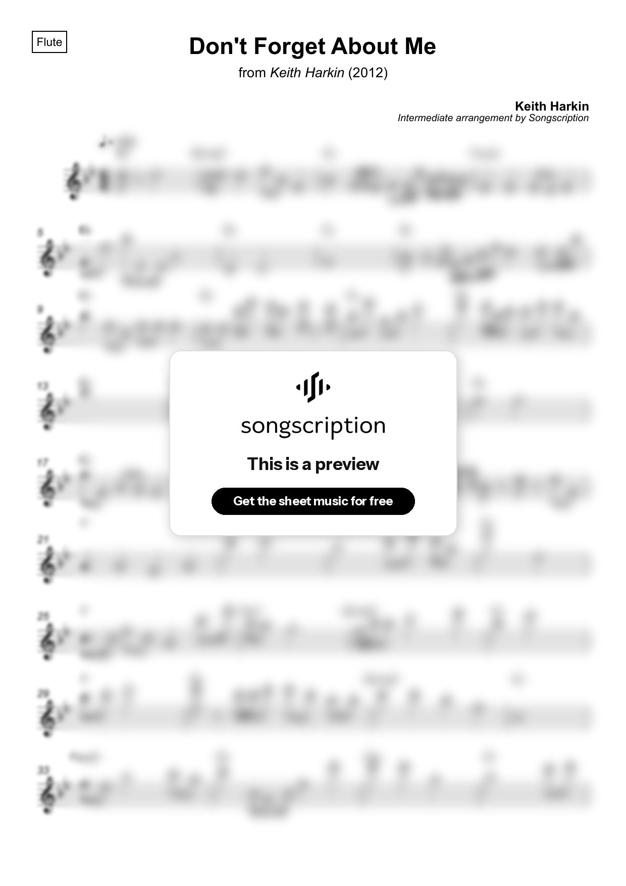 Intermediate Flute Sheet Music for "Don't Forget About Me" by Keith Harkin