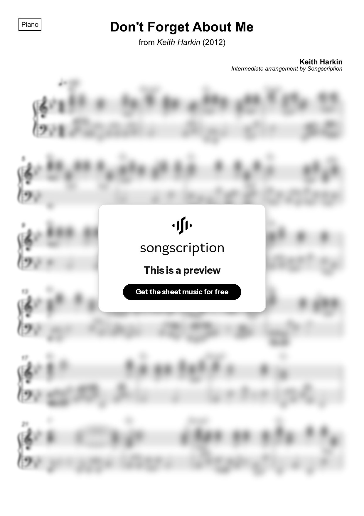 Intermediate Piano Sheet Music for "Don't Forget About Me" by Keith Harkin