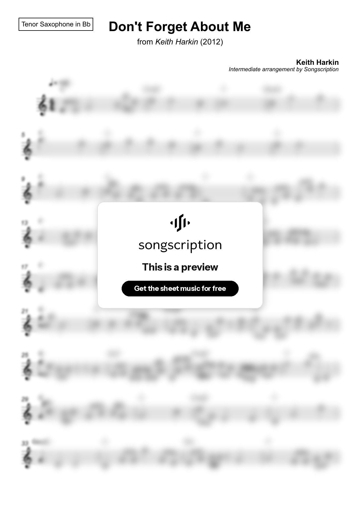 Intermediate Tenor Sax Sheet Music for "Don't Forget About Me" by Keith Harkin