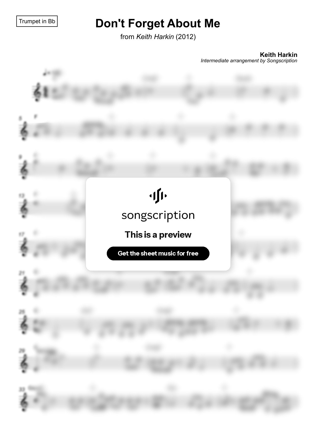 Intermediate Trumpet Sheet Music for "Don't Forget About Me" by Keith Harkin