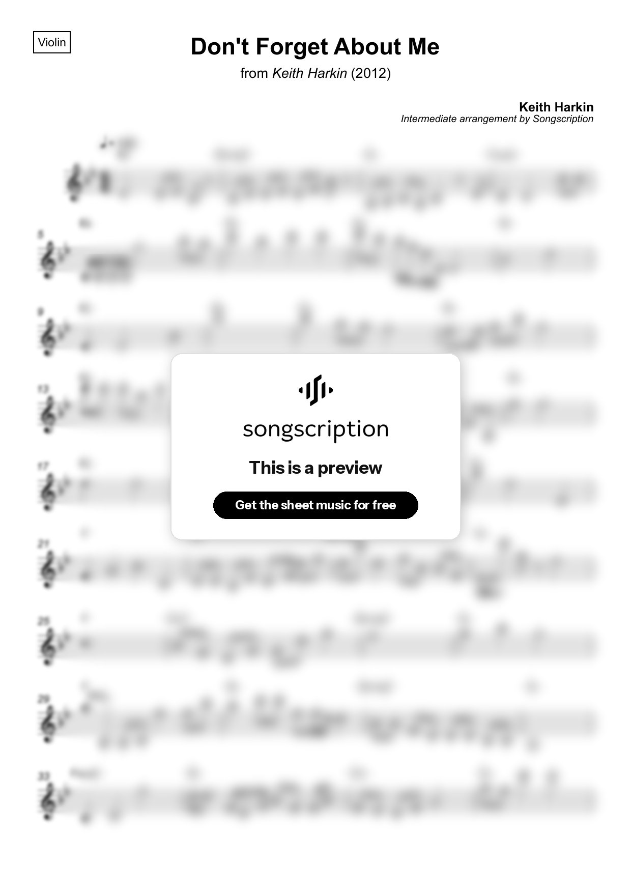 Intermediate Violin Sheet Music for "Don't Forget About Me" by Keith Harkin