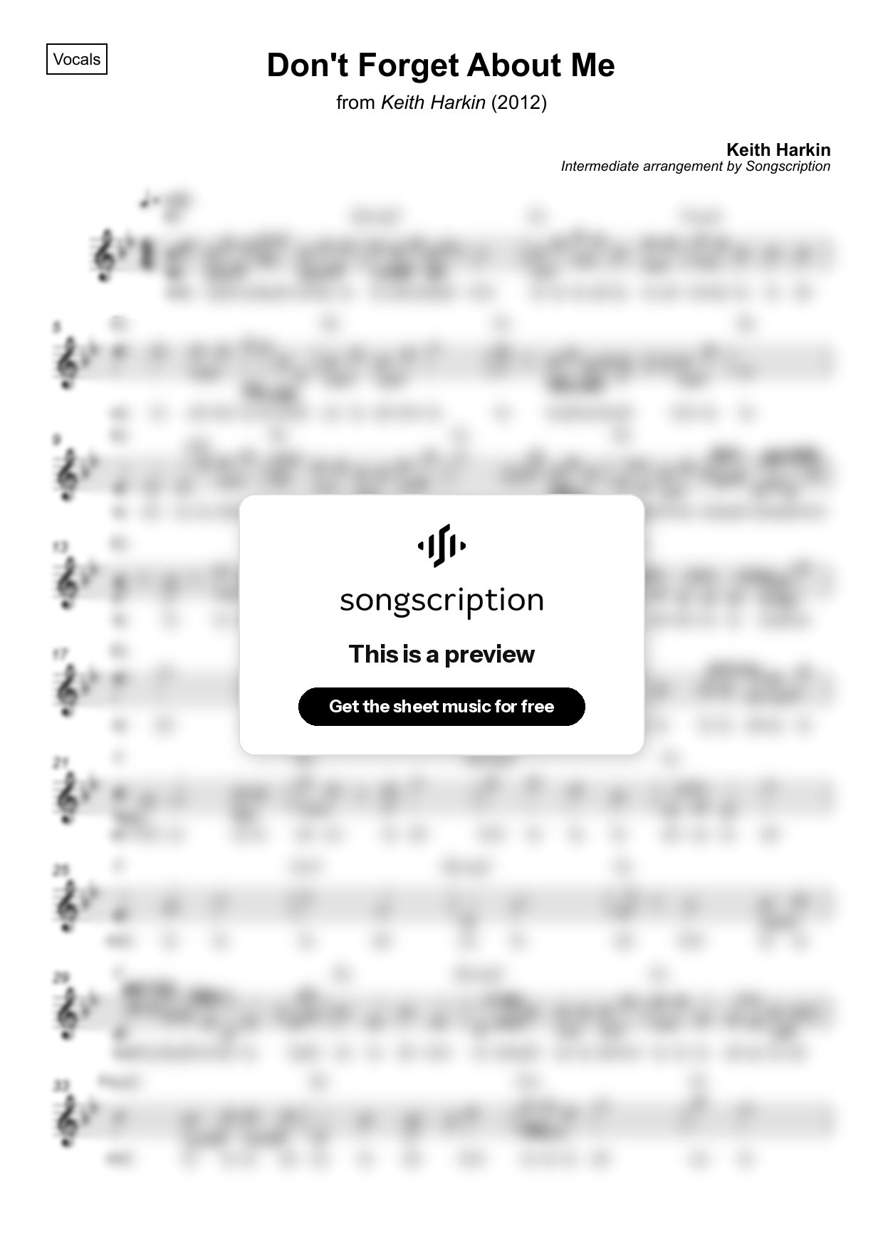 Intermediate Vocals Sheet Music for "Don't Forget About Me" by Keith Harkin