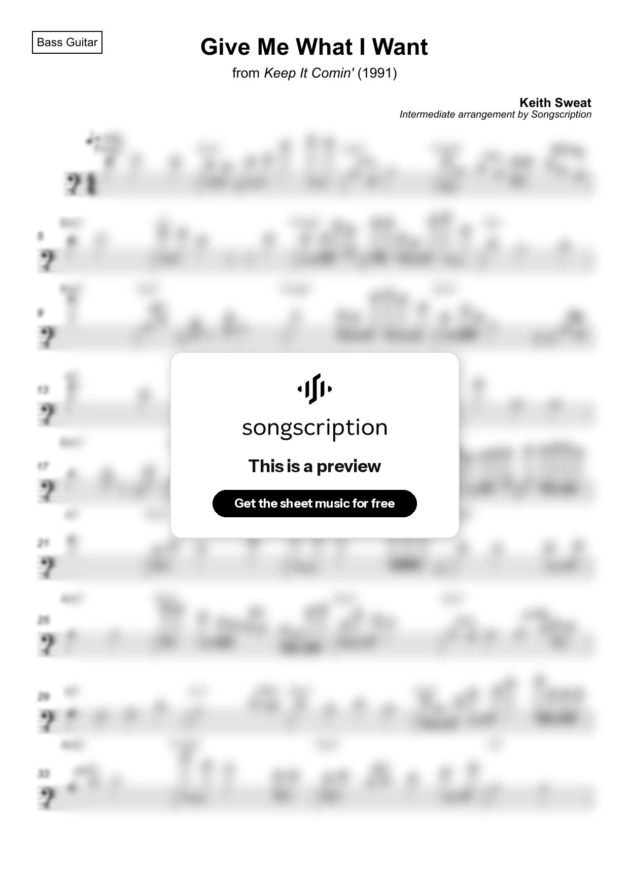 Intermediate Bass Guitar Sheet Music for "Give Me What I Want" by Keith Sweat