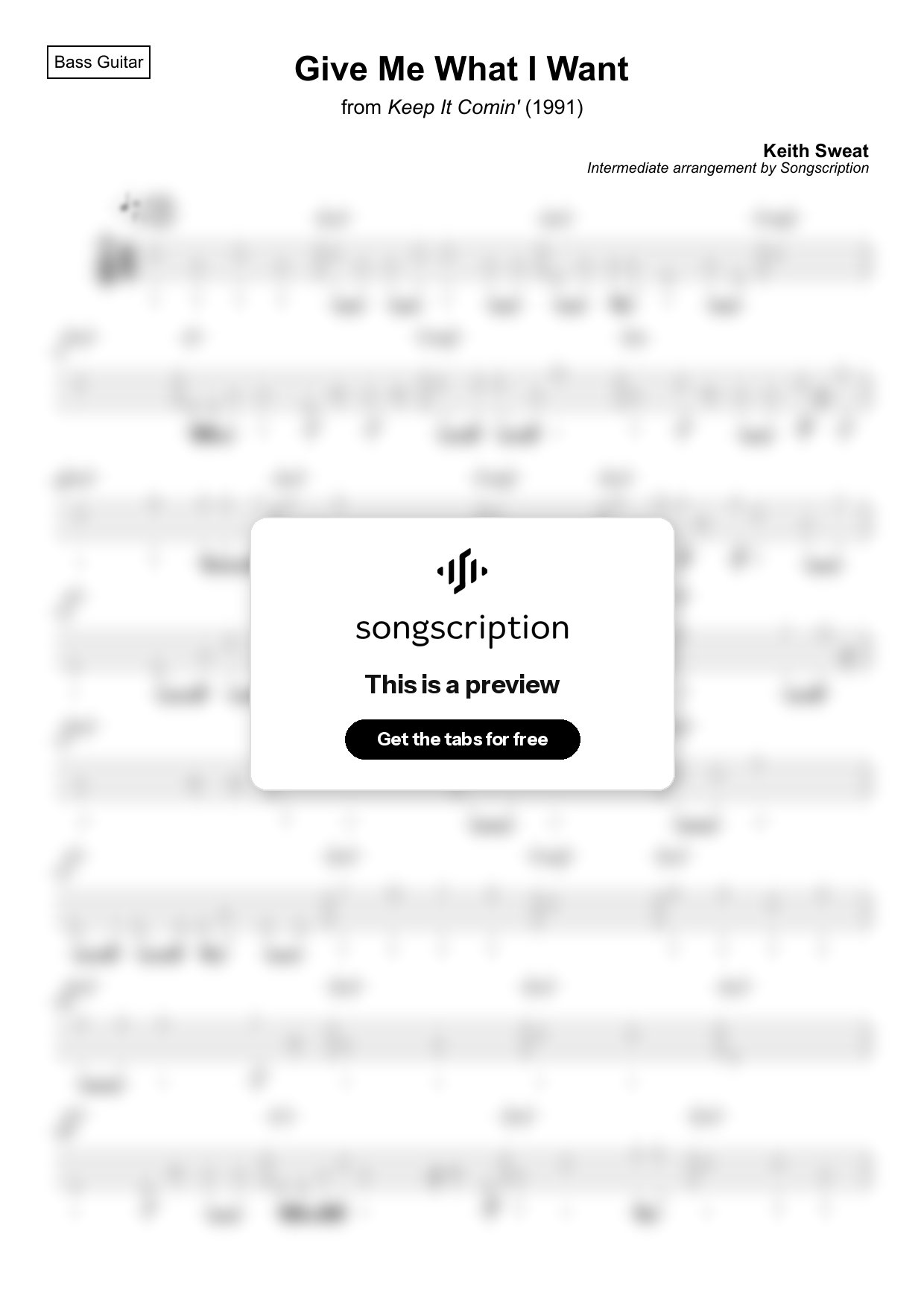Intermediate Bass Guitar Tabs for "Give Me What I Want" by Keith Sweat