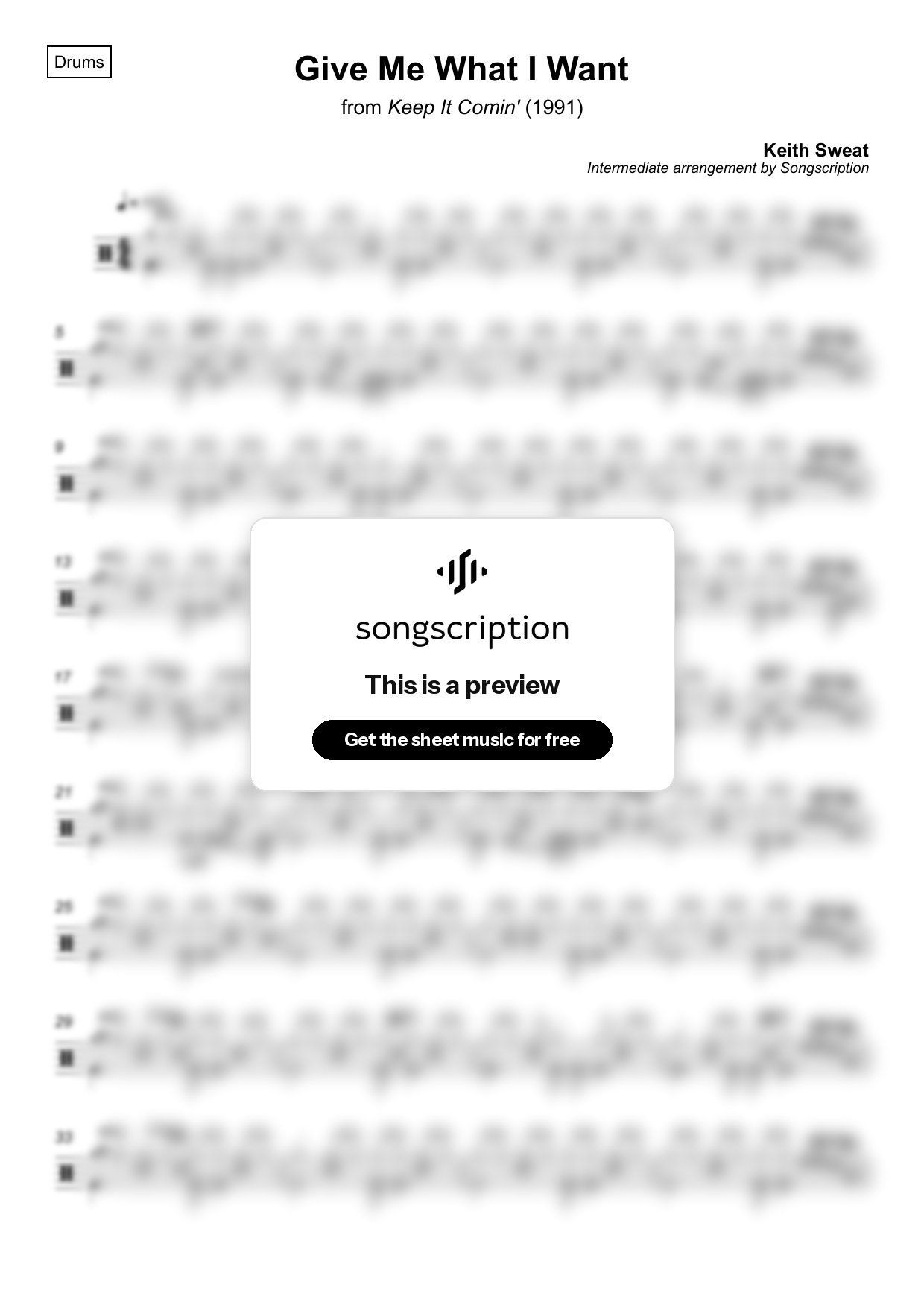 Intermediate Drums Sheet Music for "Give Me What I Want" by Keith Sweat