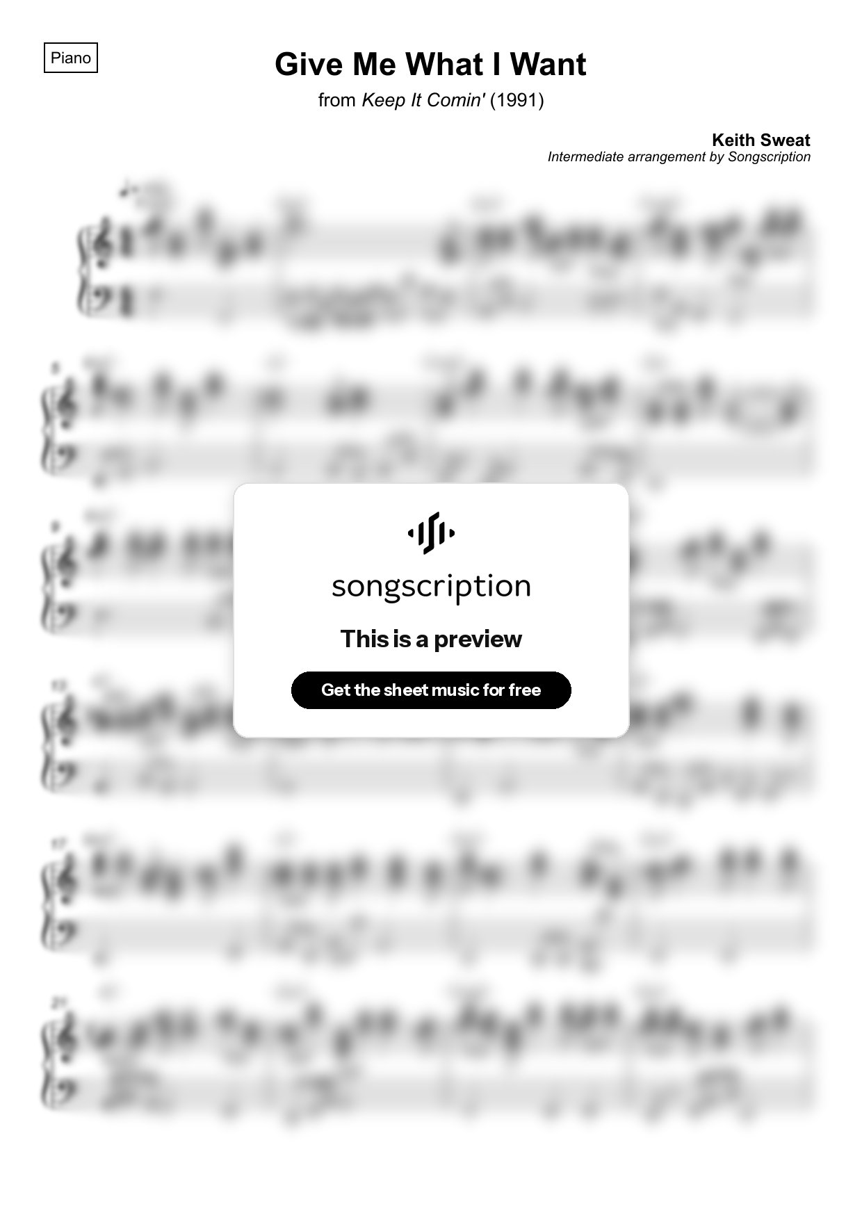 Intermediate Piano Sheet Music for "Give Me What I Want" by Keith Sweat