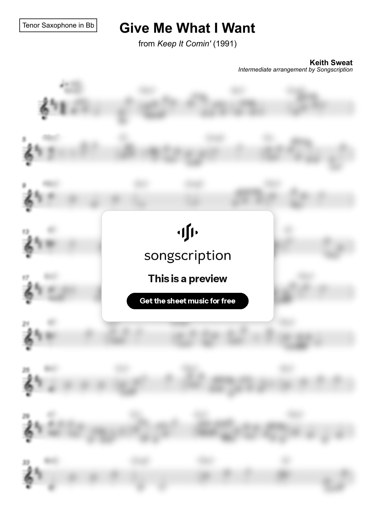 Intermediate Tenor Sax Sheet Music for "Give Me What I Want" by Keith Sweat