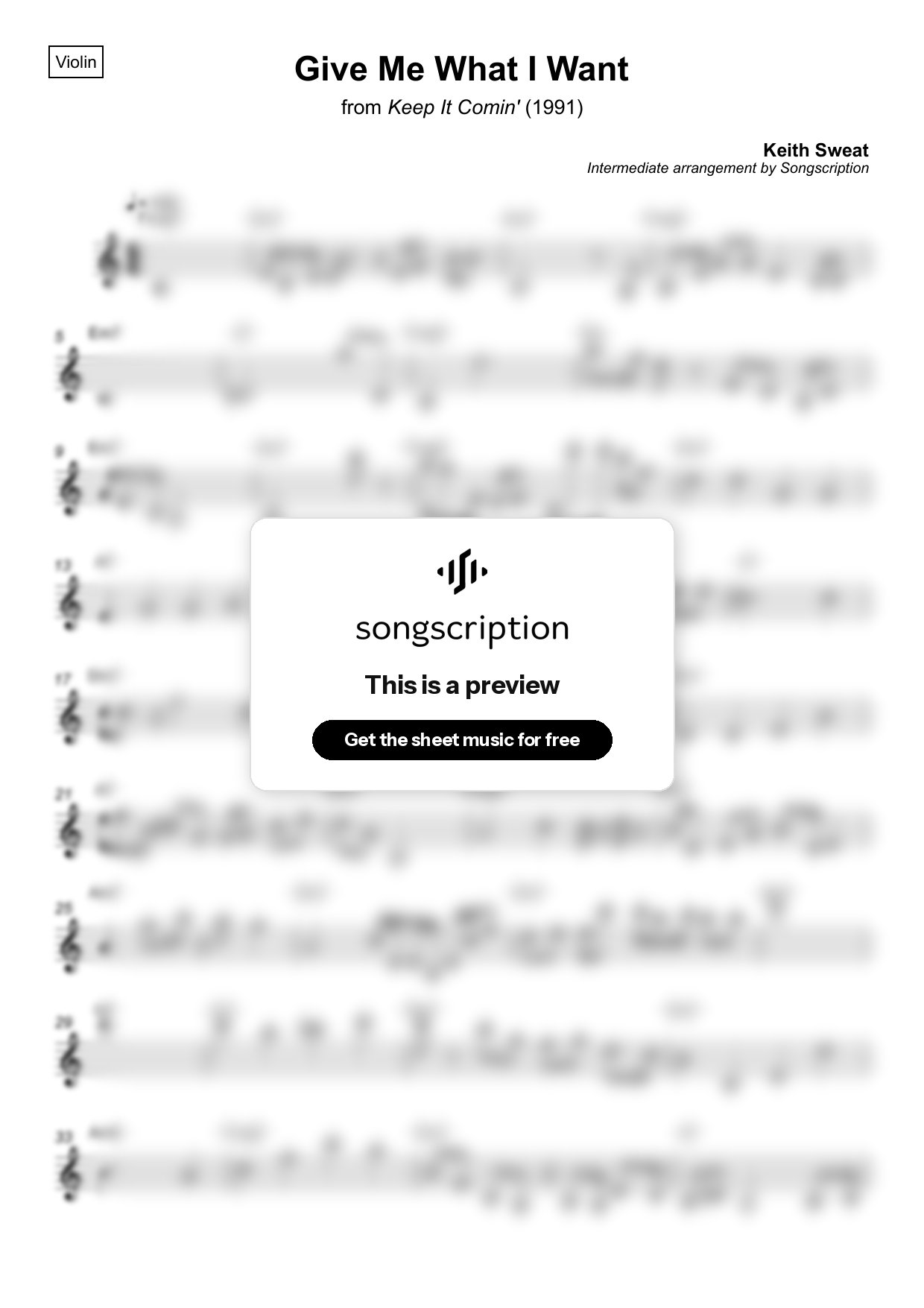 Intermediate Violin Sheet Music for "Give Me What I Want" by Keith Sweat