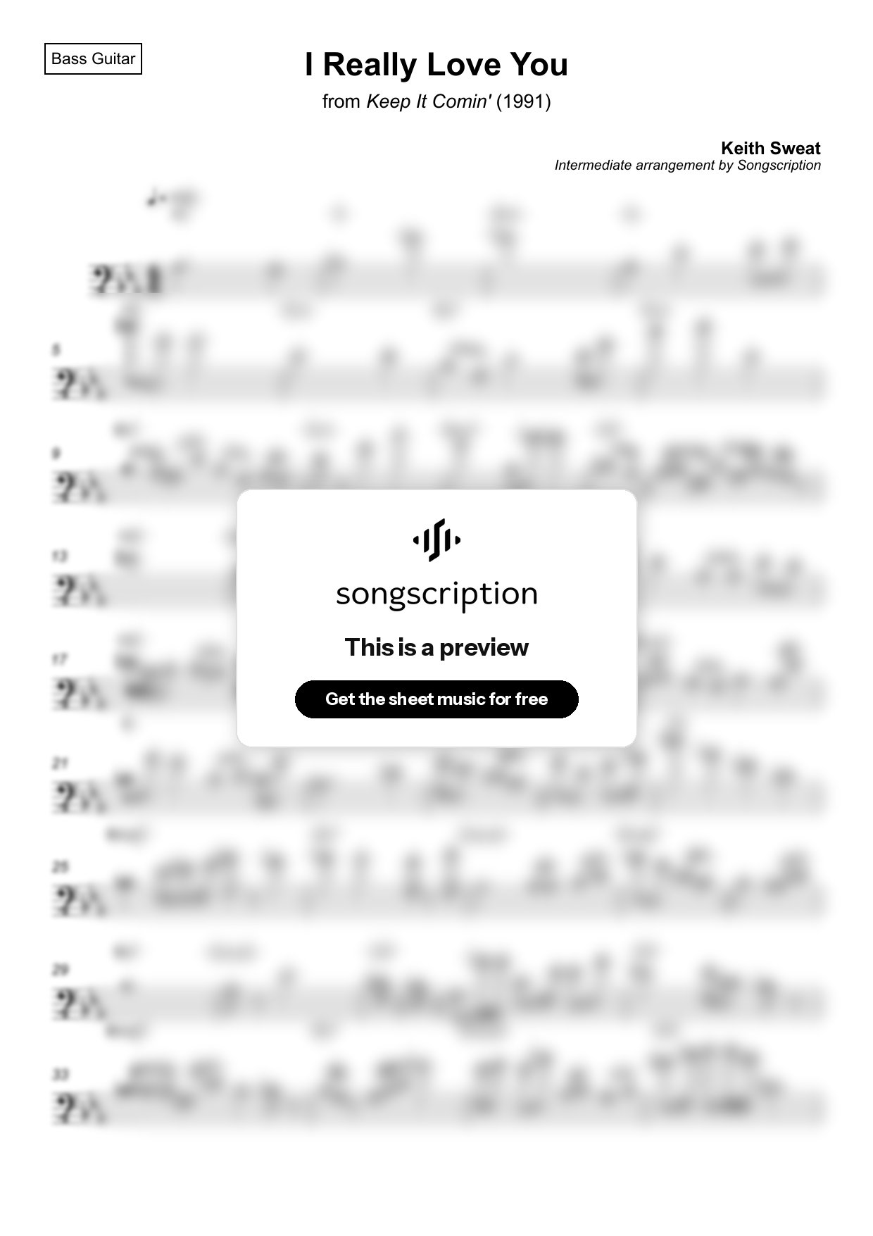 Intermediate Bass Guitar Sheet Music for "I Really Love You" by Keith Sweat