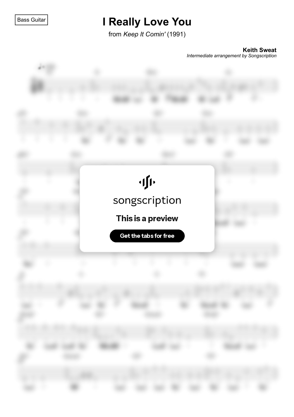 Intermediate Bass Guitar Tabs for "I Really Love You" by Keith Sweat