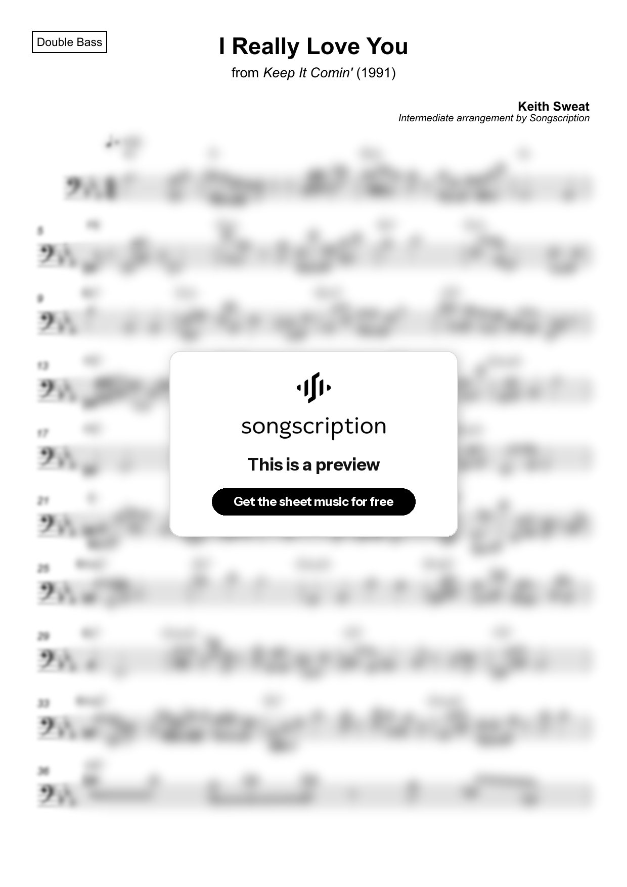 Intermediate Double Bass Sheet Music for "I Really Love You" by Keith Sweat