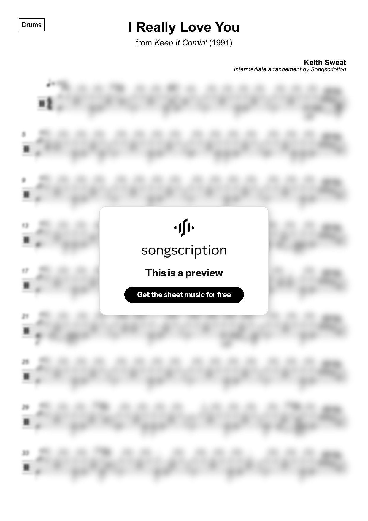 Intermediate Drums Sheet Music for "I Really Love You" by Keith Sweat