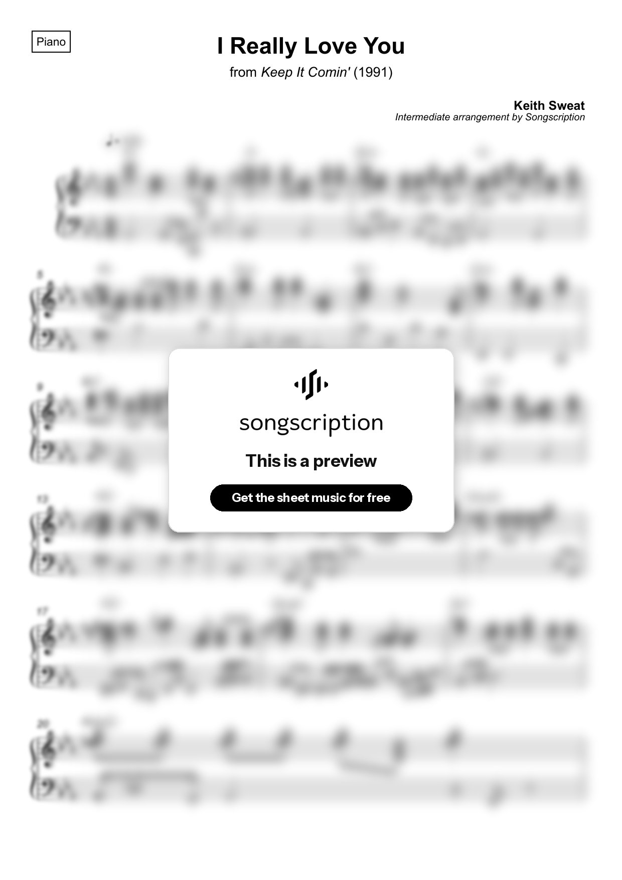 Intermediate Piano Sheet Music for "I Really Love You" by Keith Sweat