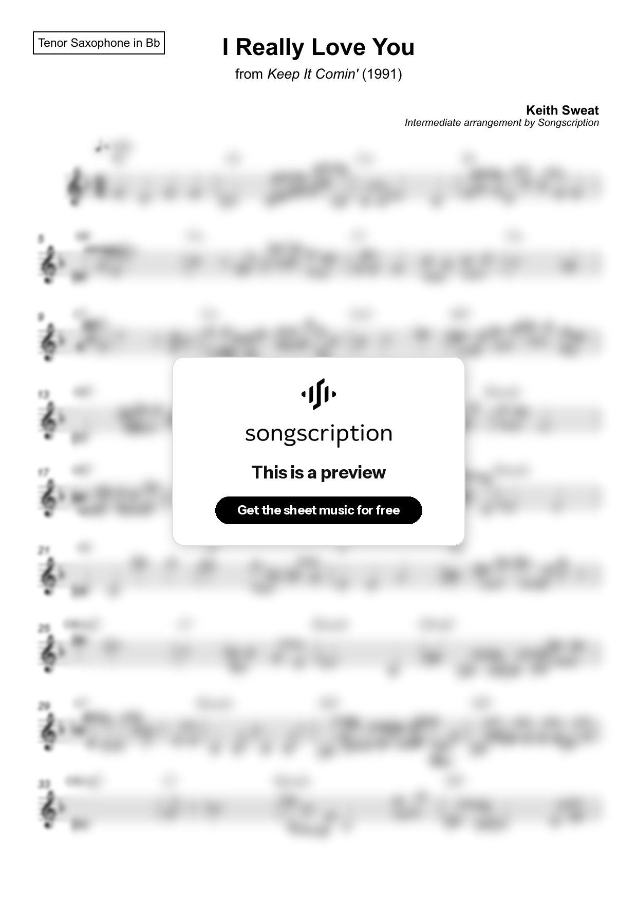 Intermediate Tenor Sax Sheet Music for "I Really Love You" by Keith Sweat