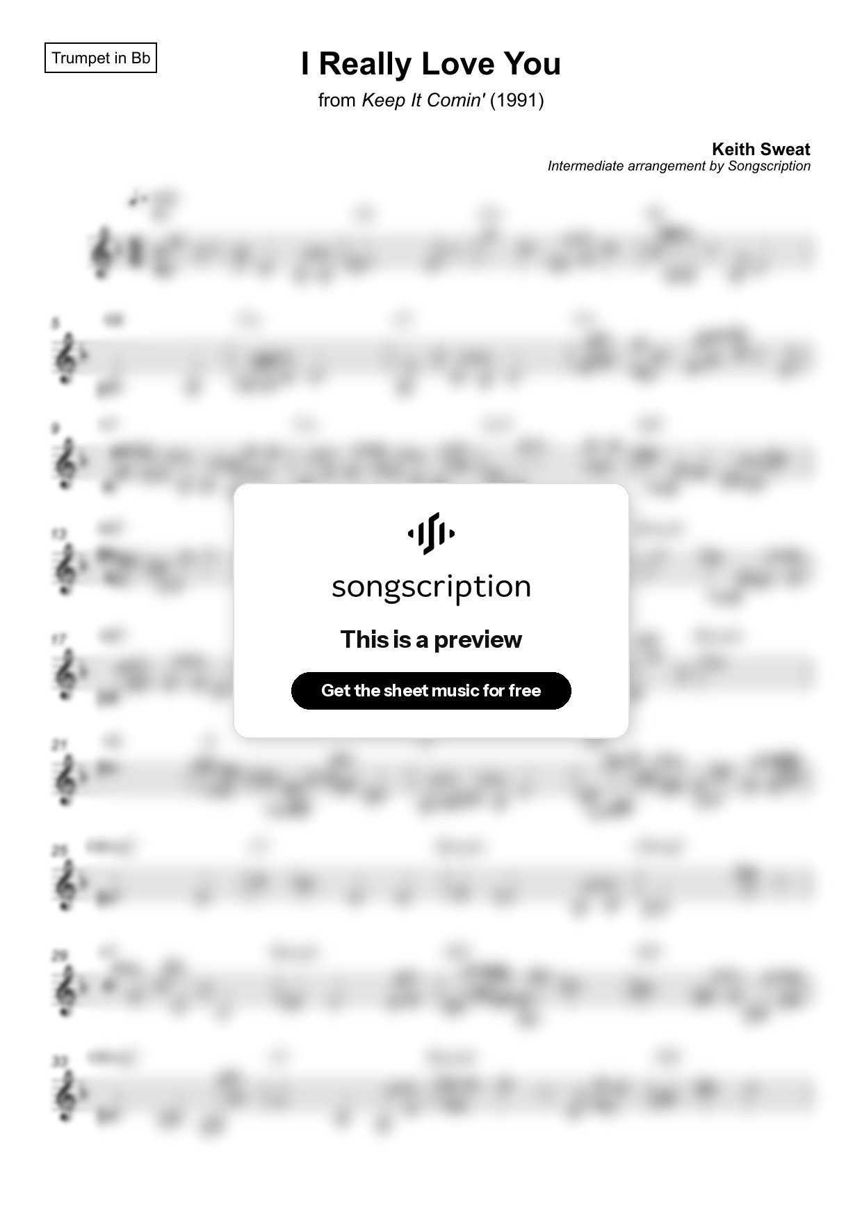Intermediate Trumpet Sheet Music for "I Really Love You" by Keith Sweat