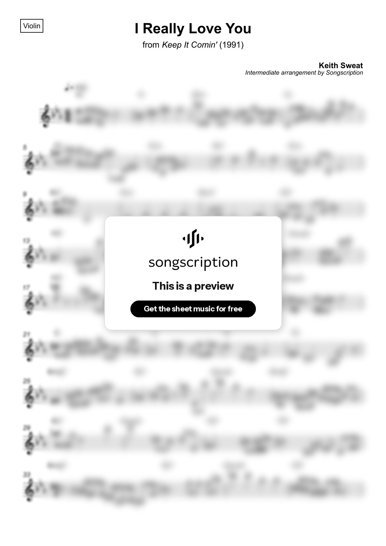 Intermediate Violin Sheet Music for "I Really Love You" by Keith Sweat