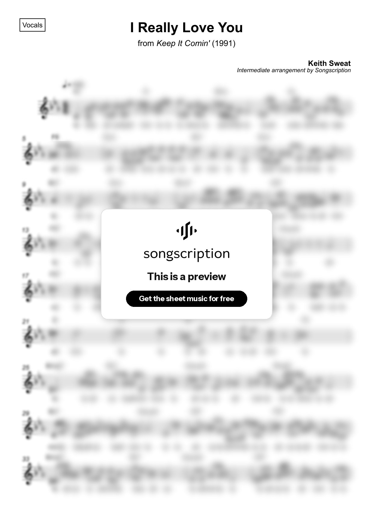 Intermediate Vocals Sheet Music for "I Really Love You" by Keith Sweat