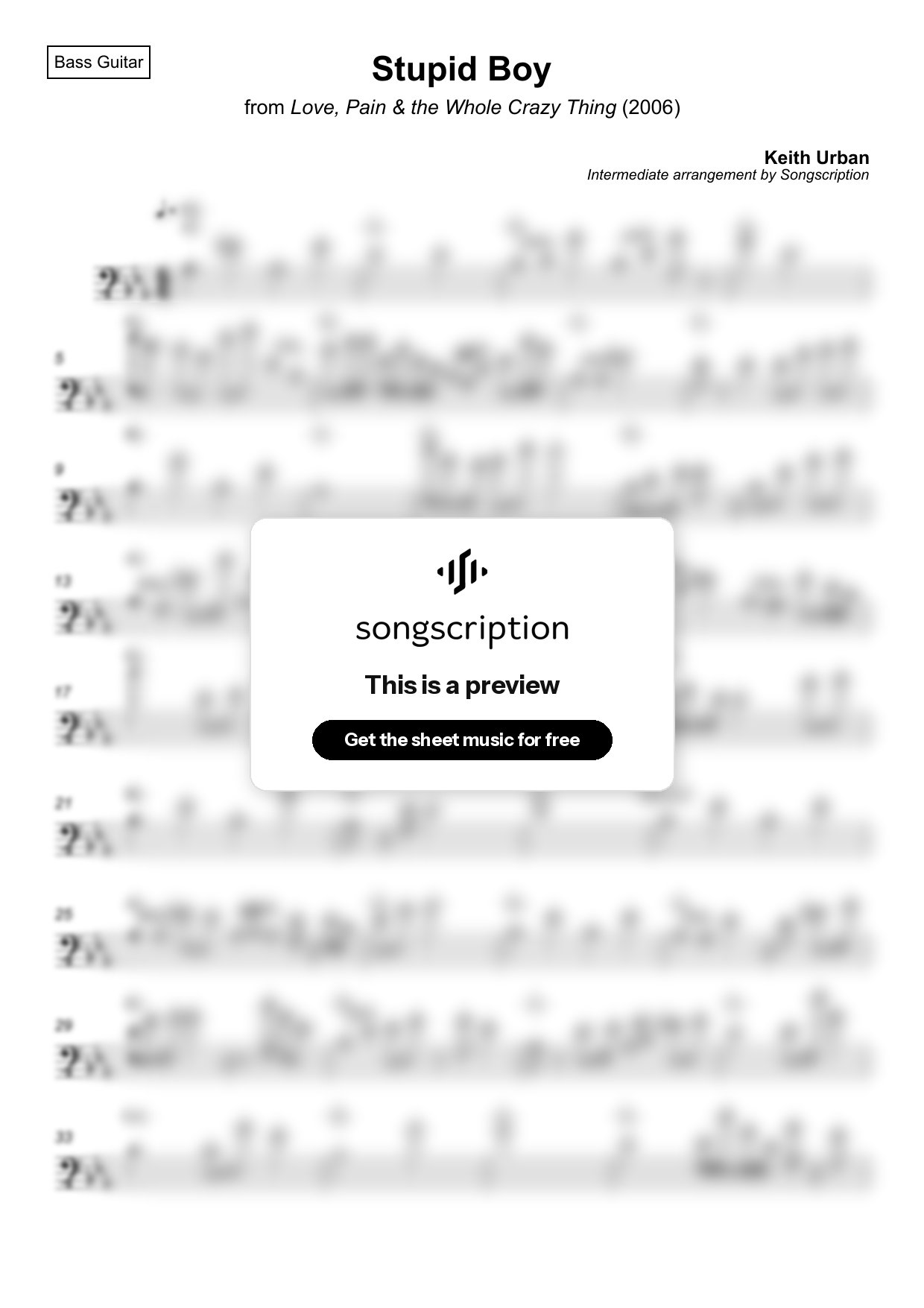 Intermediate Bass Guitar Sheet Music for "Stupid Boy" by Keith Urban
