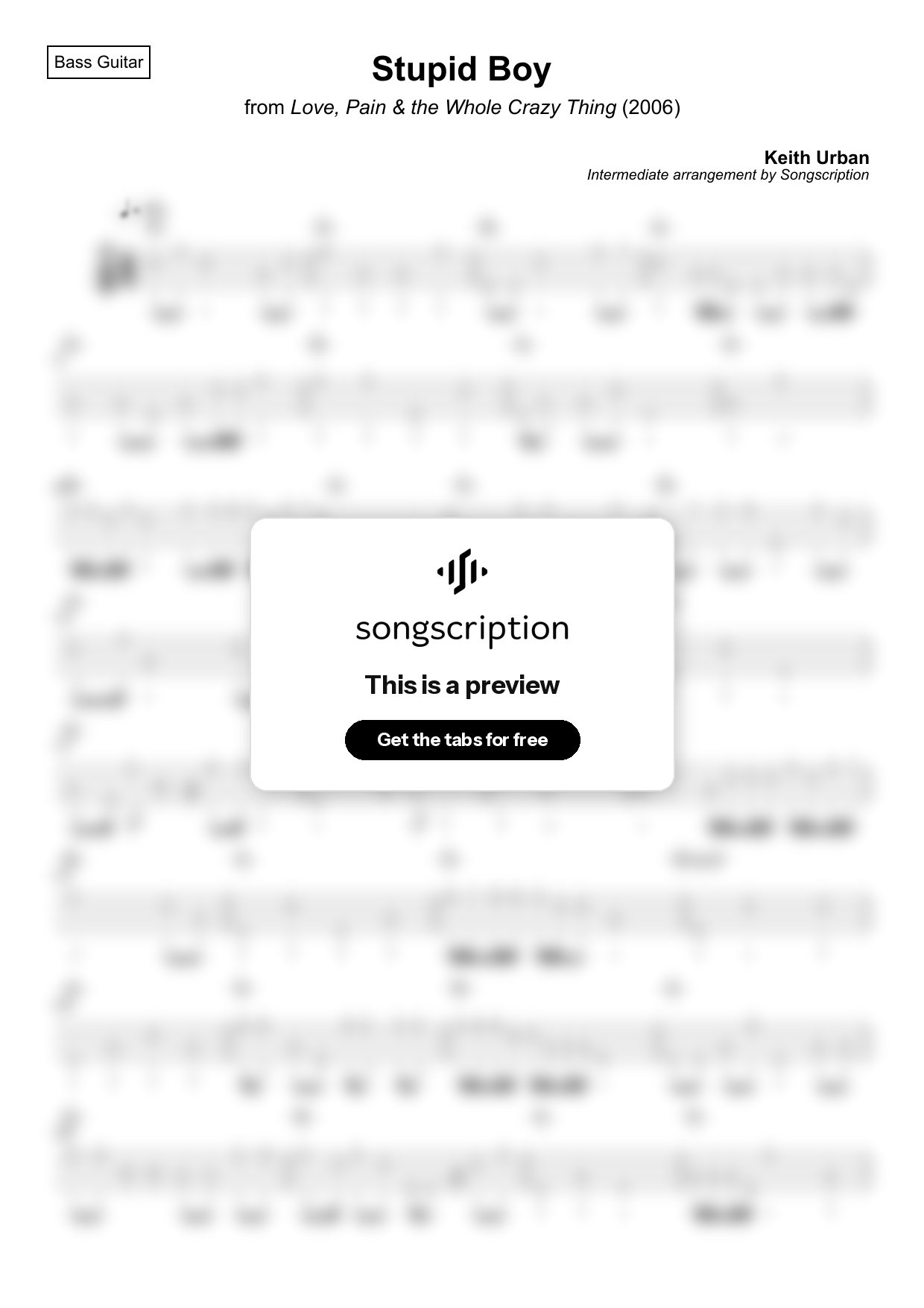 Intermediate Bass Guitar Tabs for "Stupid Boy" by Keith Urban