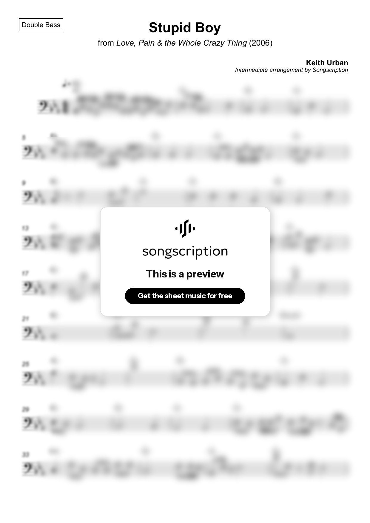 Intermediate Double Bass Sheet Music for "Stupid Boy" by Keith Urban