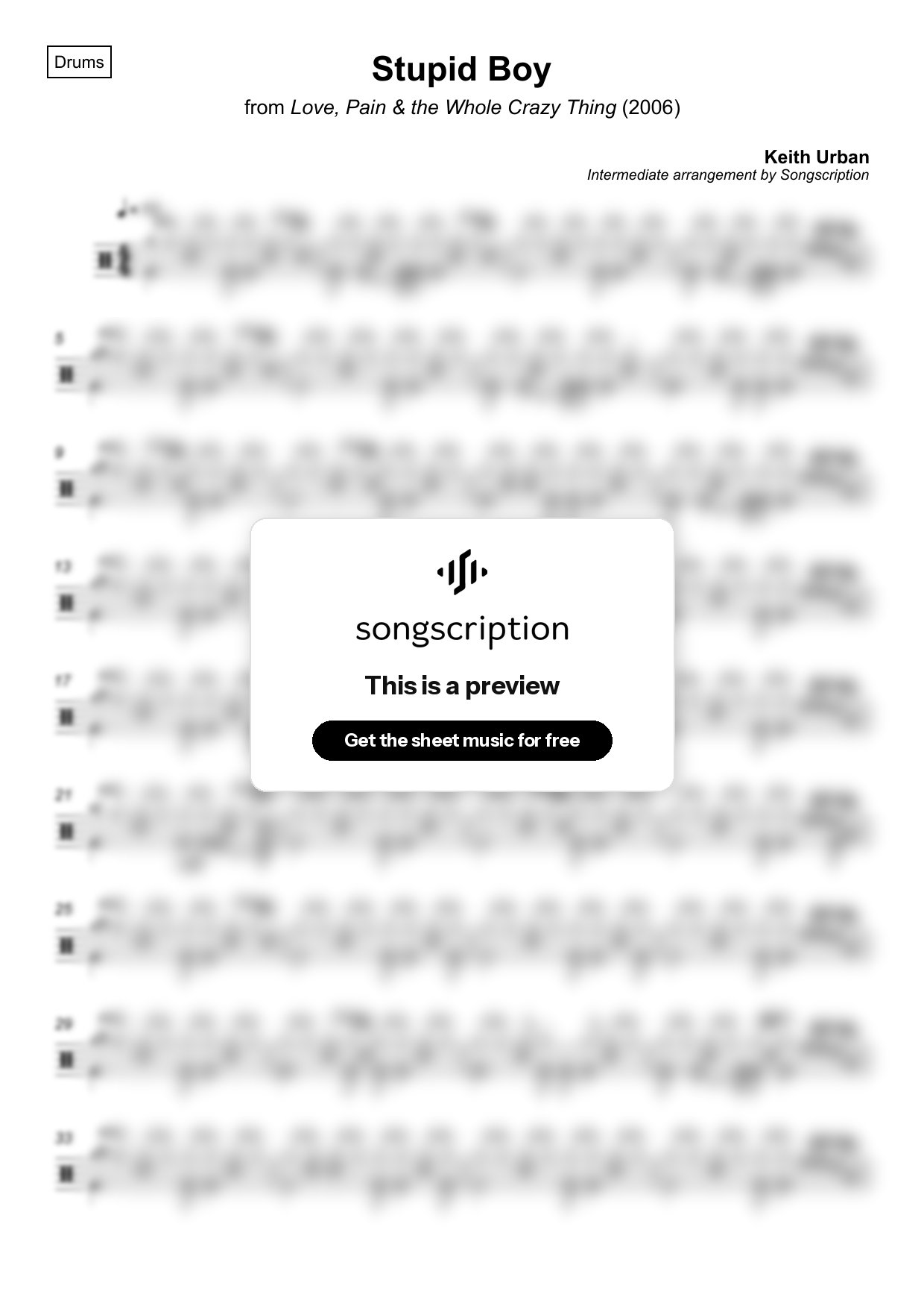 Intermediate Drums Sheet Music for "Stupid Boy" by Keith Urban