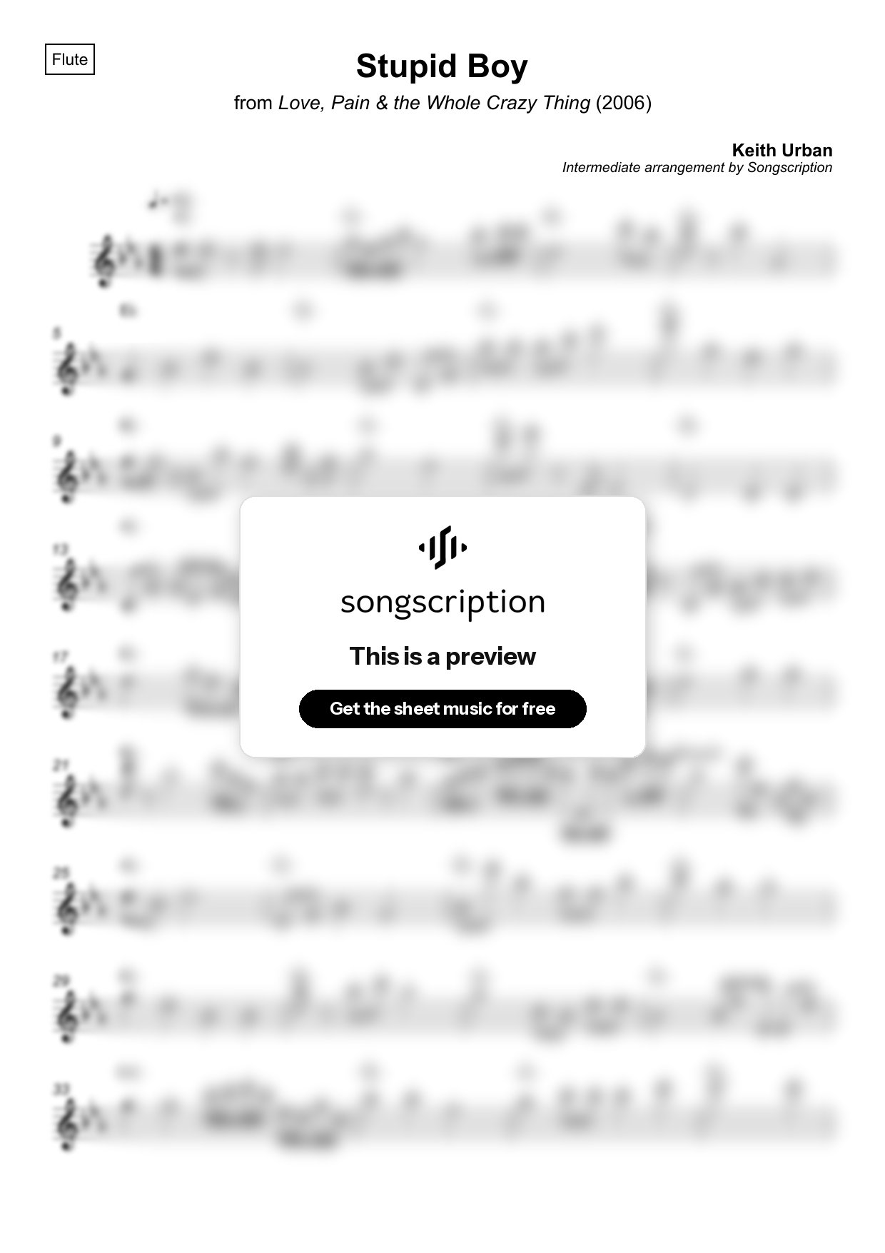 Intermediate Flute Sheet Music for "Stupid Boy" by Keith Urban