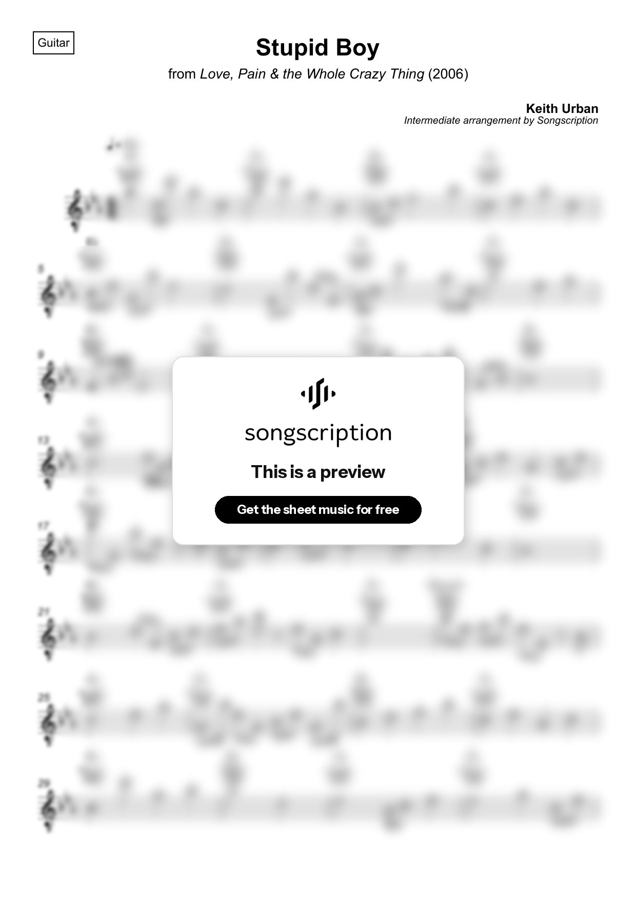 Intermediate Acoustic Guitar Sheet Music for "Stupid Boy" by Keith Urban