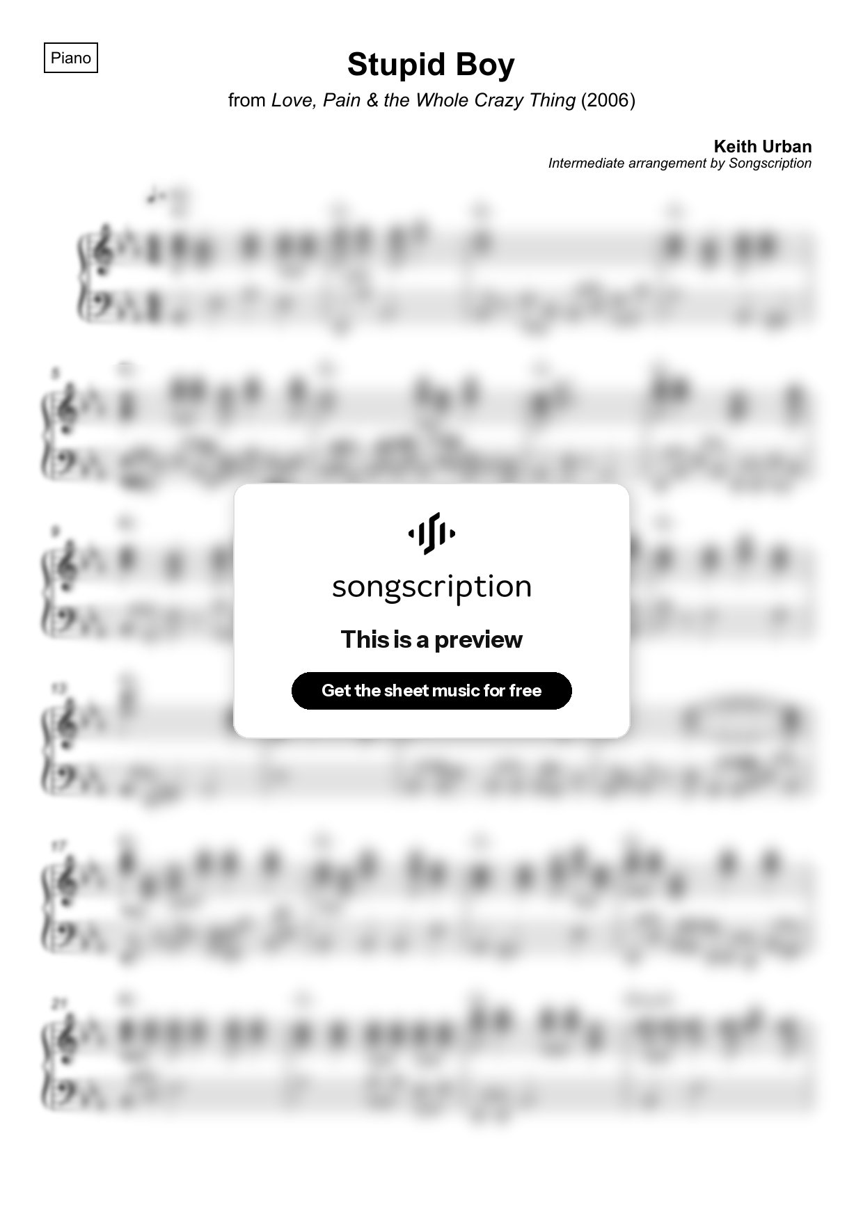 Intermediate Piano Sheet Music for "Stupid Boy" by Keith Urban