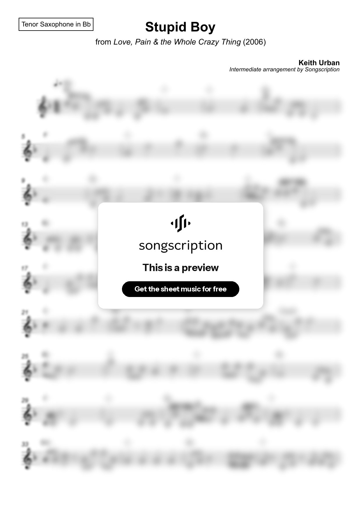 Intermediate Tenor Sax Sheet Music for "Stupid Boy" by Keith Urban