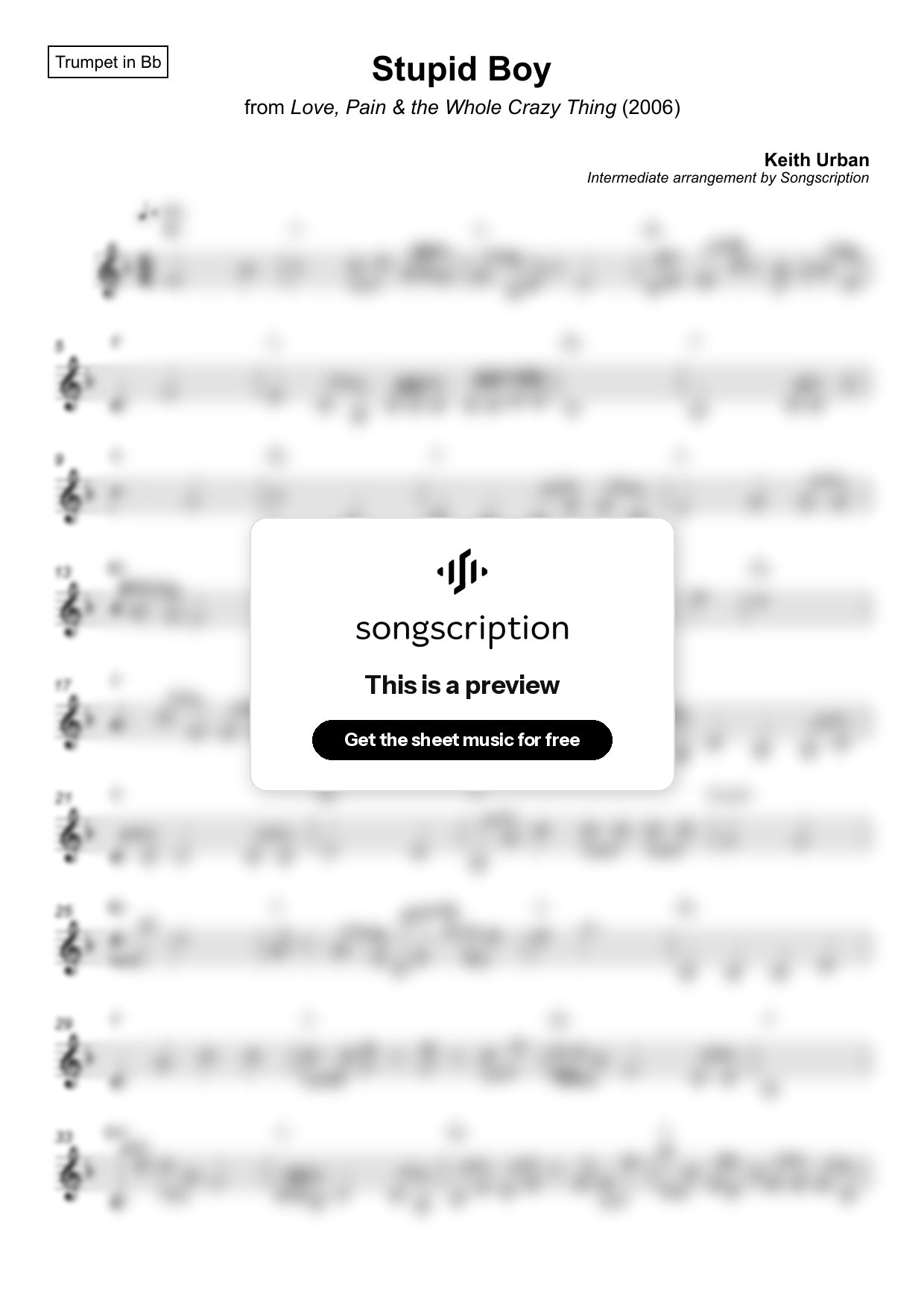 Intermediate Trumpet Sheet Music for "Stupid Boy" by Keith Urban