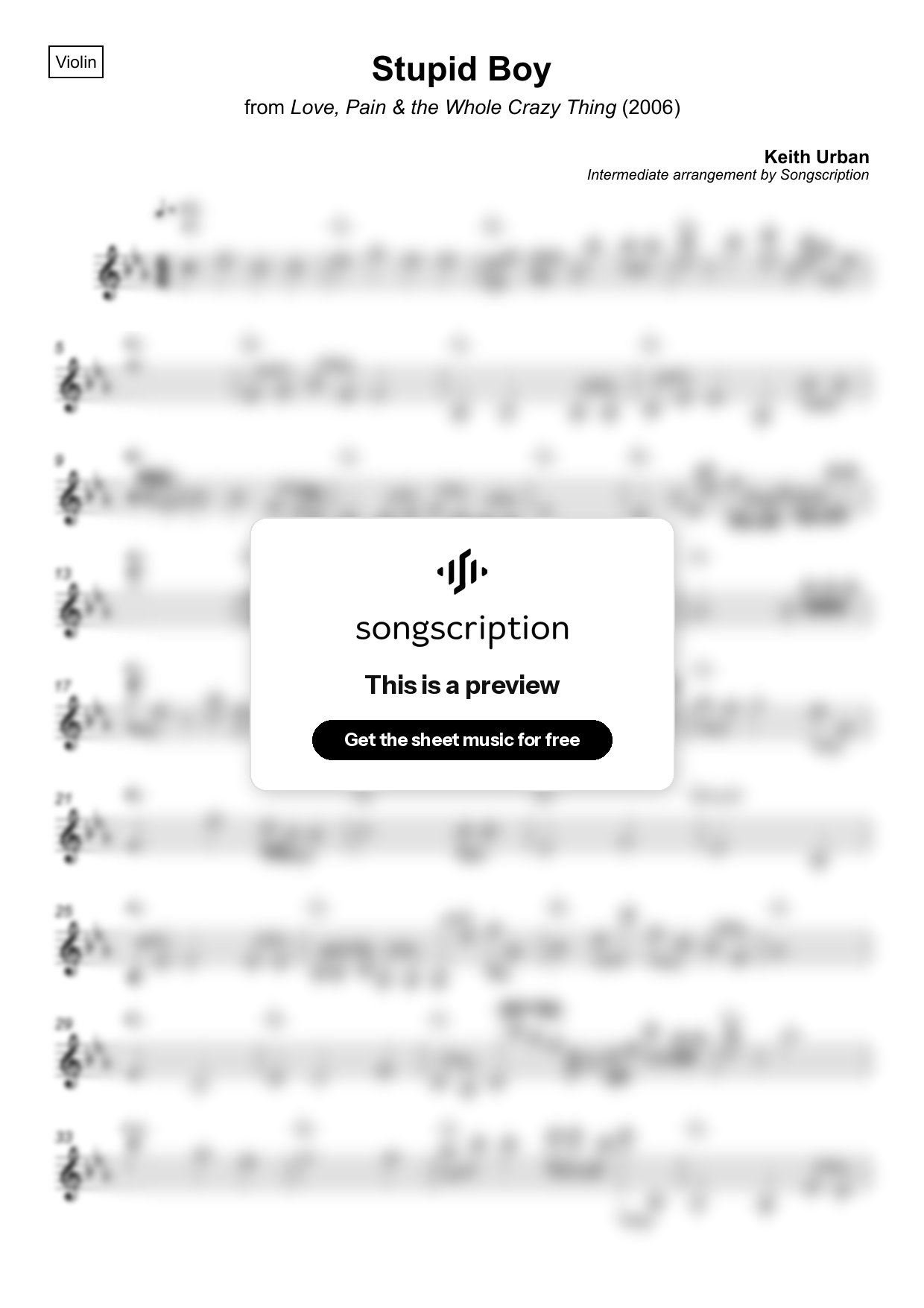 Intermediate Violin Sheet Music for "Stupid Boy" by Keith Urban