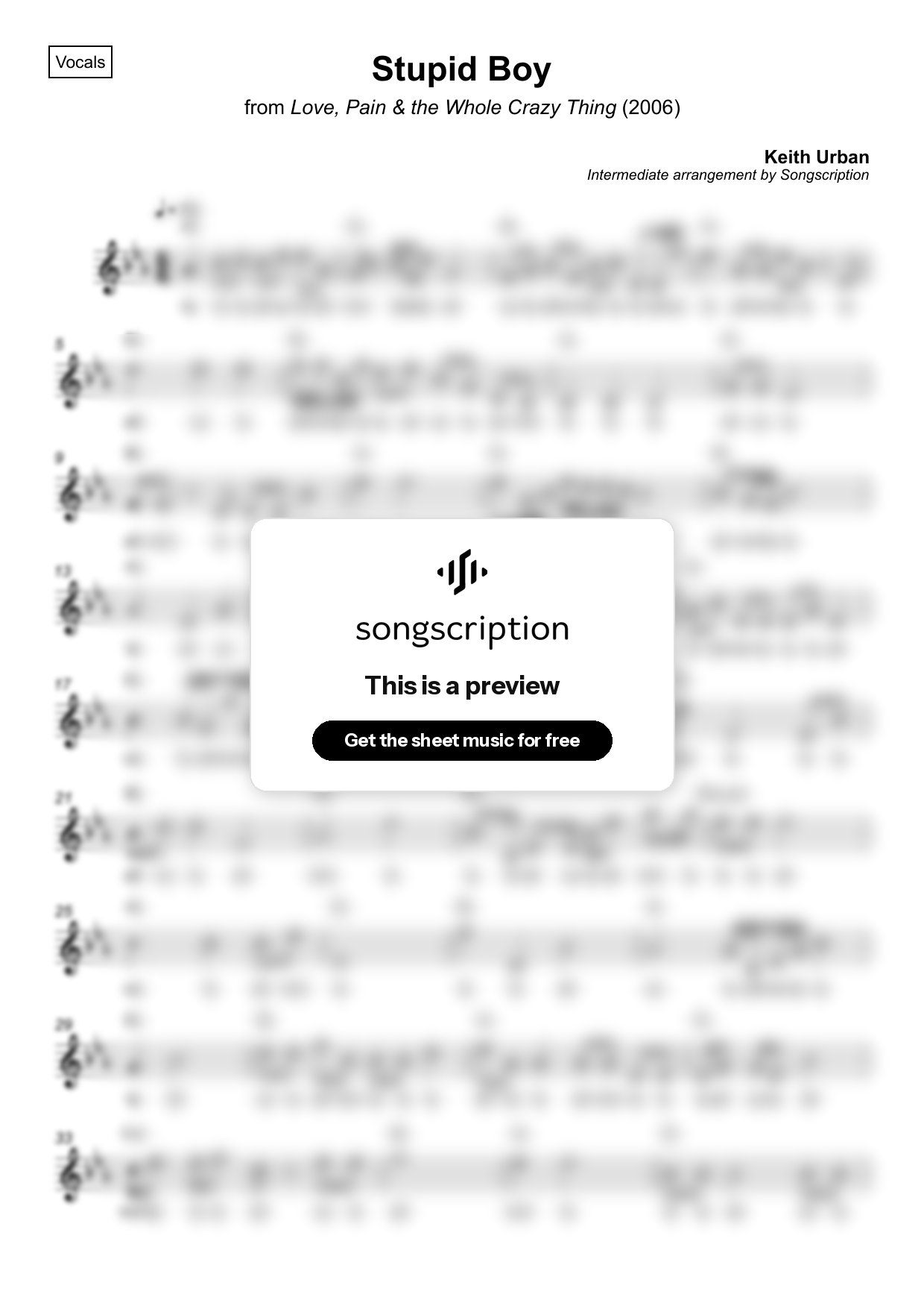 Intermediate Vocals Sheet Music for "Stupid Boy" by Keith Urban