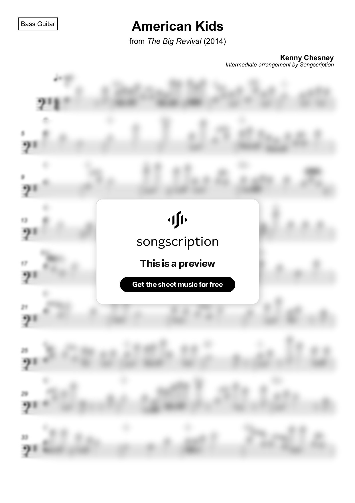Intermediate Bass Guitar Sheet Music for "American Kids" by Kenny Chesney