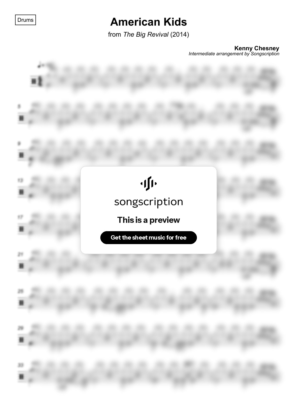 Intermediate Drums Sheet Music for "American Kids" by Kenny Chesney