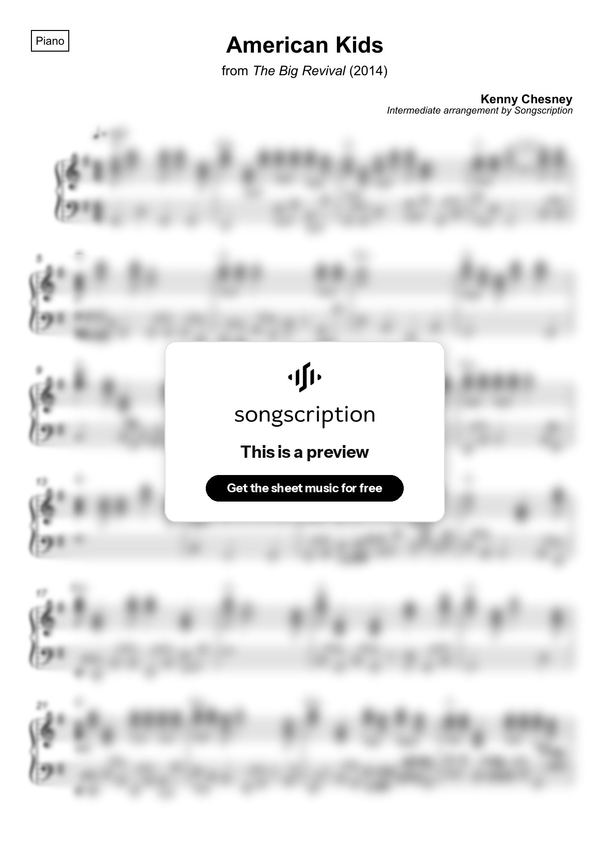 Intermediate Piano Sheet Music for "American Kids" by Kenny Chesney