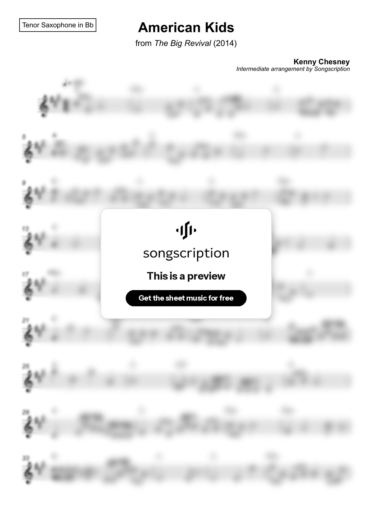 Intermediate Tenor Sax Sheet Music for "American Kids" by Kenny Chesney