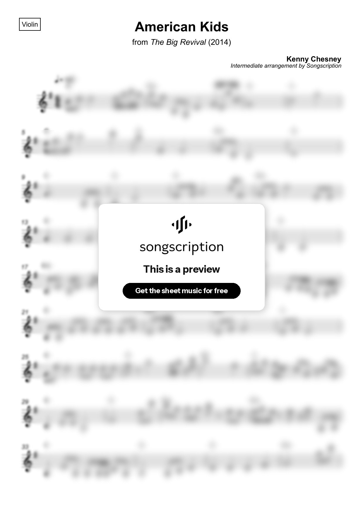 Intermediate Violin Sheet Music for "American Kids" by Kenny Chesney