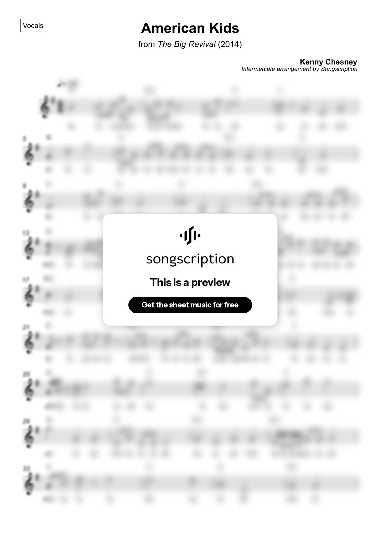 Intermediate Vocals Sheet Music for "American Kids" by Kenny Chesney