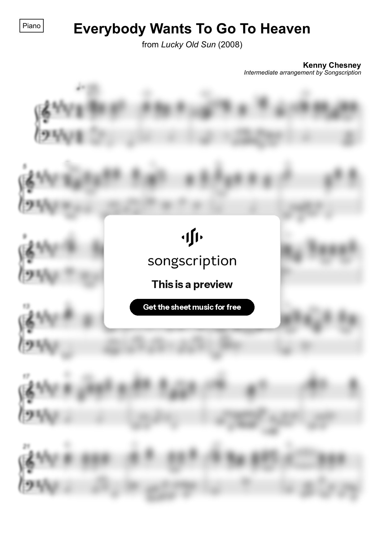 Intermediate Piano Sheet Music for "Everybody Wants To Go To Heaven" by Kenny Chesney