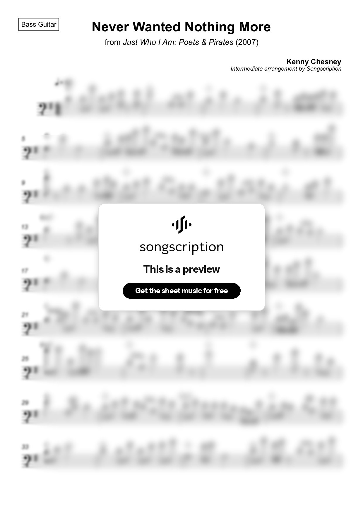 Intermediate Bass Guitar Sheet Music for "Never Wanted Nothing More" by Kenny Chesney