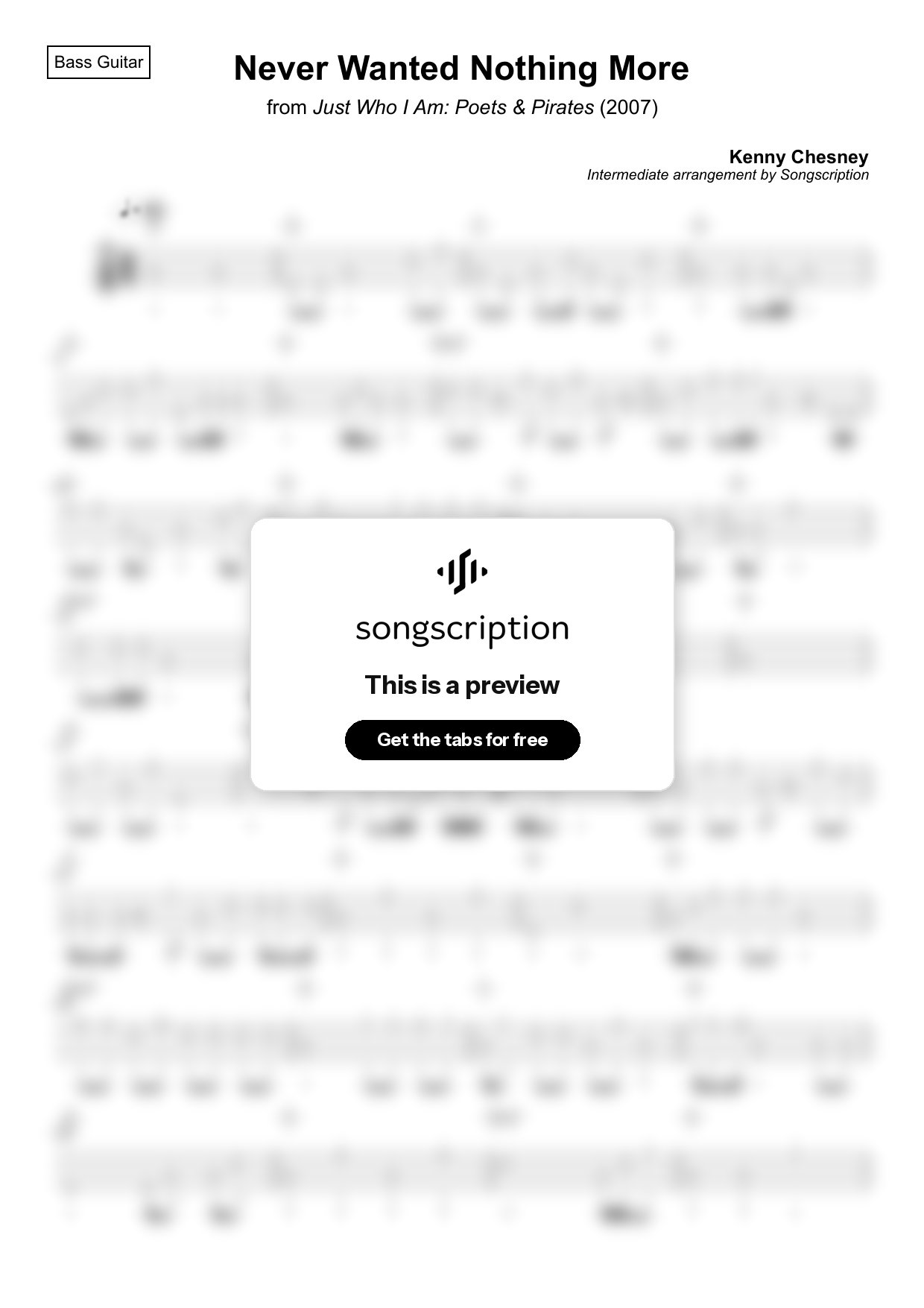 Intermediate Bass Guitar Tabs for "Never Wanted Nothing More" by Kenny Chesney
