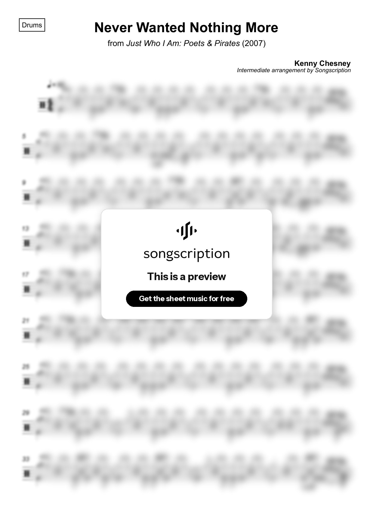 Intermediate Drums Sheet Music for "Never Wanted Nothing More" by Kenny Chesney